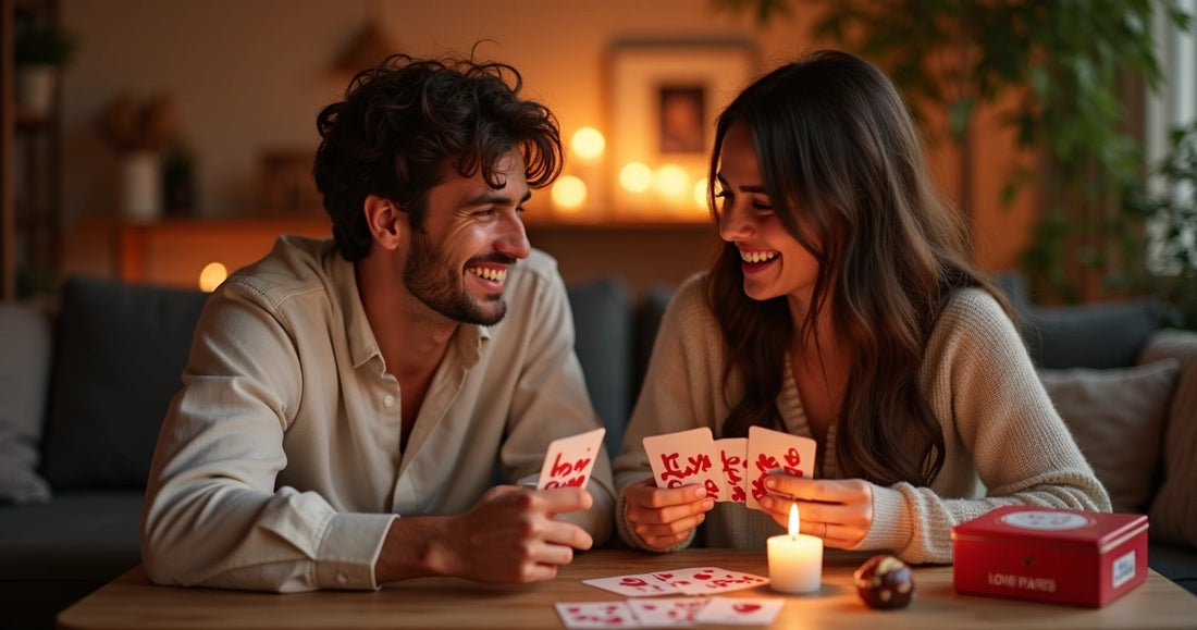 Casal sorridente jogando cartas de perguntas e desafios em ambiente acolhedor e iluminado 