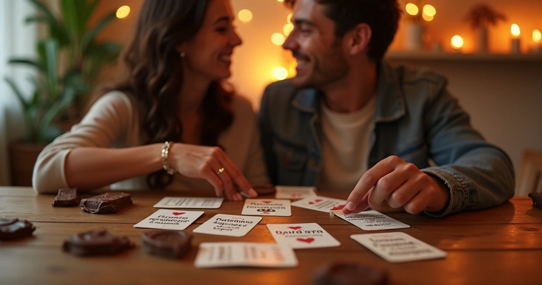Casal jogando cartas de perguntas e desafios junto com chocolates afrodisíacos sobre a mesa num ambiente íntimo e acolhedor 
