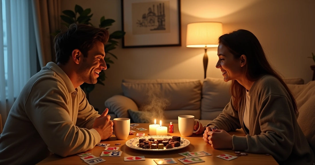 Casal em mesa jogando jogo de tabuleiro com chocolates e velas 