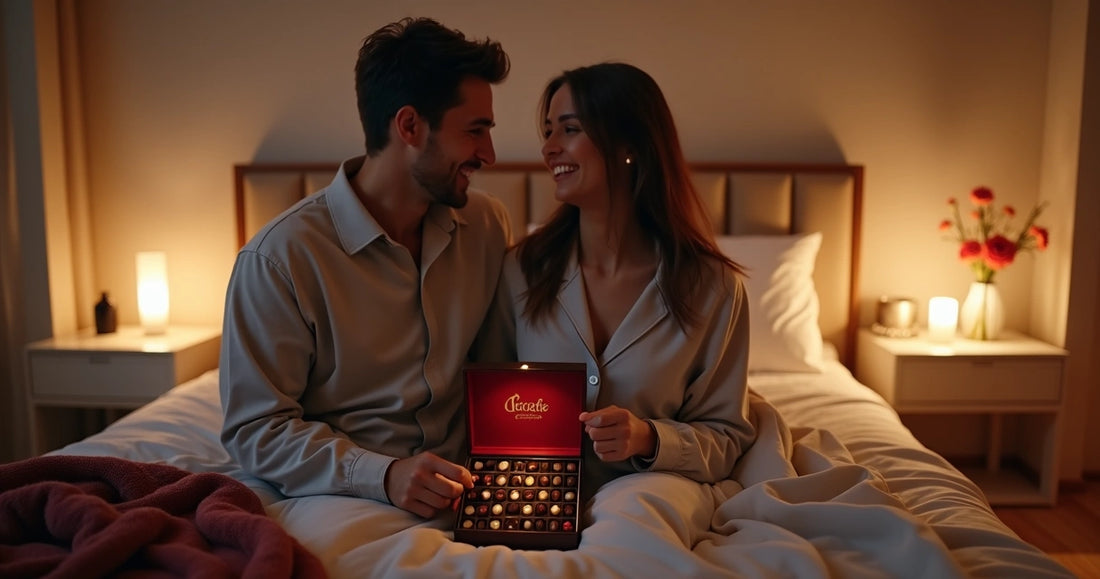 Casal na cama abraçado rindo enquanto segura caixa de chocolates 