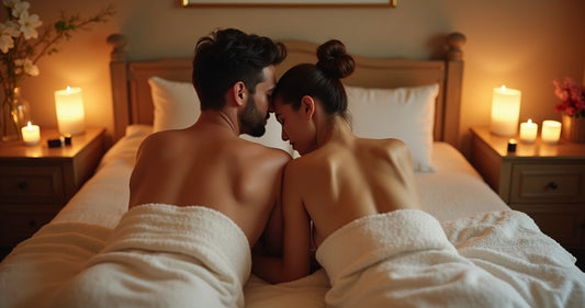 Casal fazendo massagem relaxante em ambiente acolhedor com luzes suaves e decoração íntima 