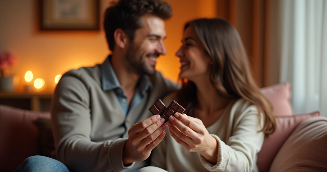 Casal desfrutando momento íntimo com chocolate afrodisíaco em ambiente aconchegante 