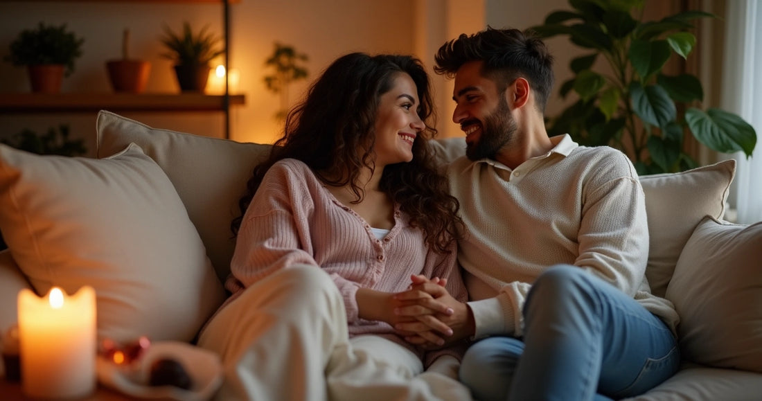 Casal sorrindo e relaxando juntos em ambiente aconchegante, criando momentos especiais a dois 