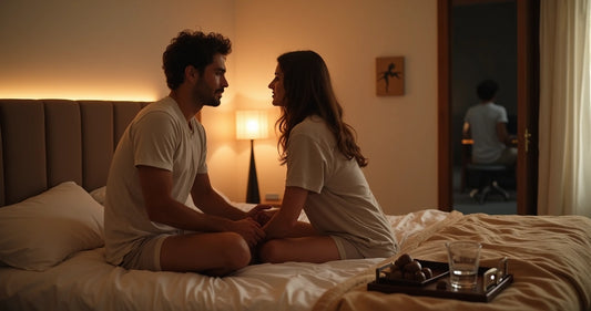 Casal abraçado na cama com sombra sugerindo terceira pessoa ao fundo 