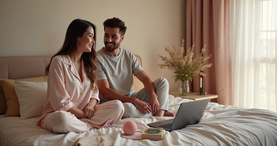Casal sorridente sentado na cama conversando de forma íntima e confortável 