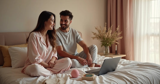 Casal sorridente sentado na cama conversando de forma íntima e confortável 