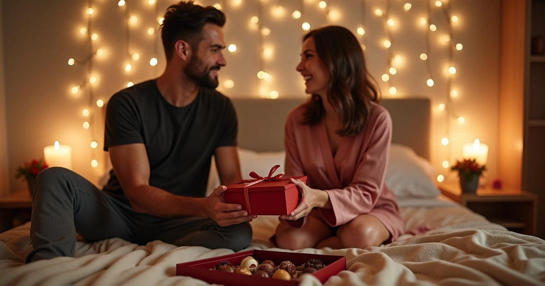 Casal trocando presentes românticos na cama com chocolates e velas ao redor 