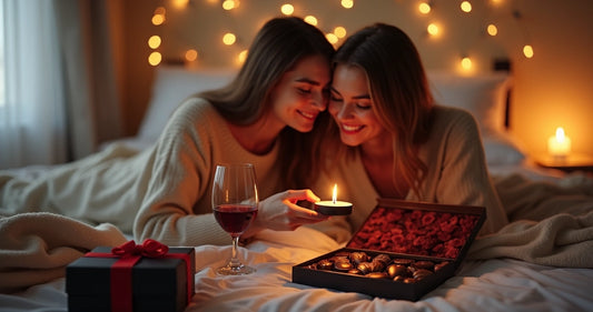 Casal em clima romântico trocando presente com chocolates em mesa decorada 