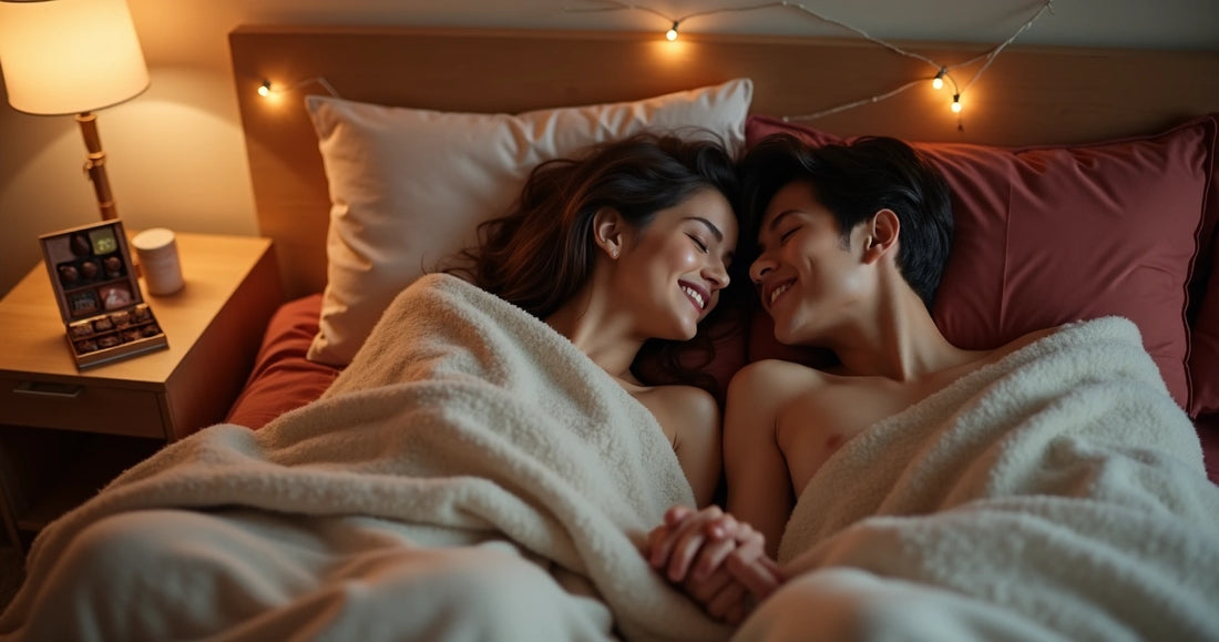 Casal deitado na cama se olhando com carinho em ambiente romântico e discreto 