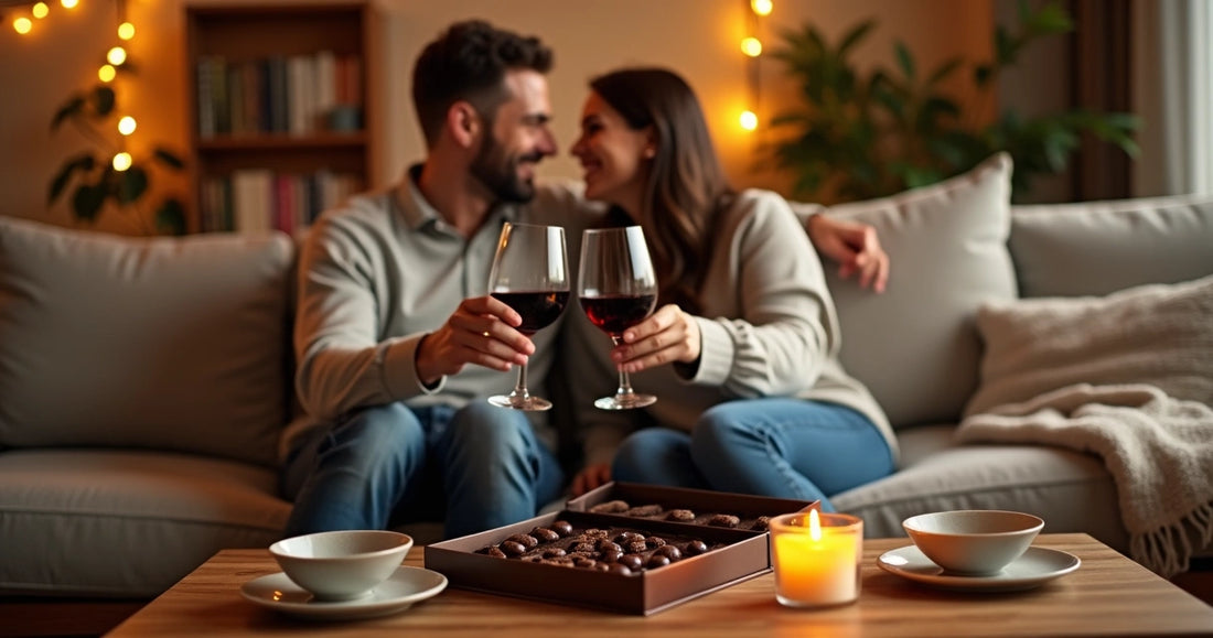 Casal em sofá aconchegante brindando com taças e chocolates entre eles 