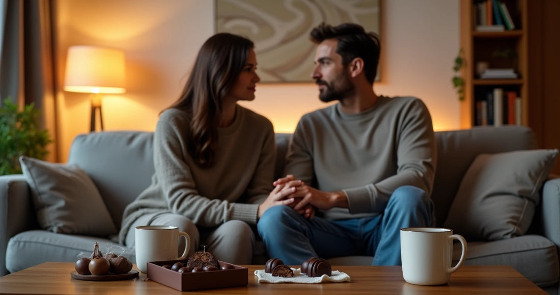 Casal sentado no sofá conversando com caixa de chocolates na mesa de centro 