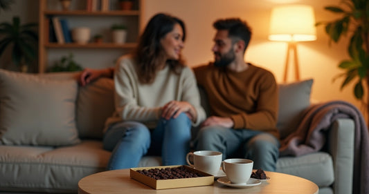 Casal conversando no sofá com chocolates sobre a mesa 