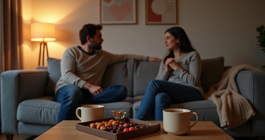 Casal sentado no sofá em lados opostos dividindo uma caixa de chocolates sobre a mesa 