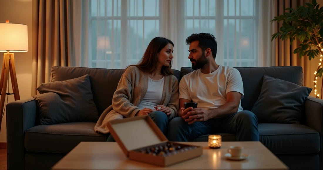 Casal no sofá conversando em clima íntimo com chocolates sobre a mesa 