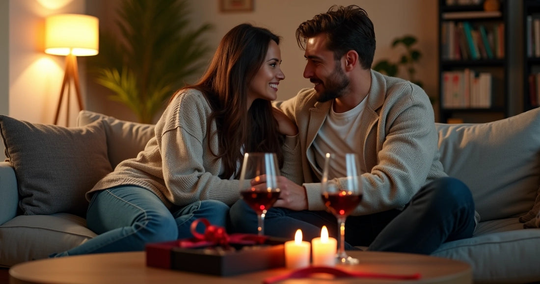 Casal sentado em sofá confortável conversando com caixa de chocolates entre eles 