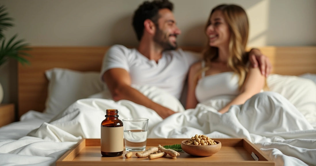 Casal sorrindo na cama segurando cápsulas de suplemento para libido 
