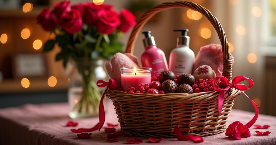 Cesta personalizada com chocolates afrodisíacos, velas aromáticas e produtos sensuais para casal 