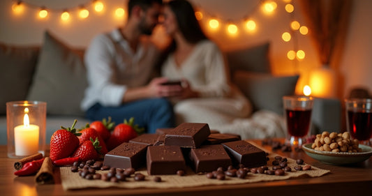 Casal em clima romântico com chocolates afrodisíacos e ingredientes naturais sobre a mesa 