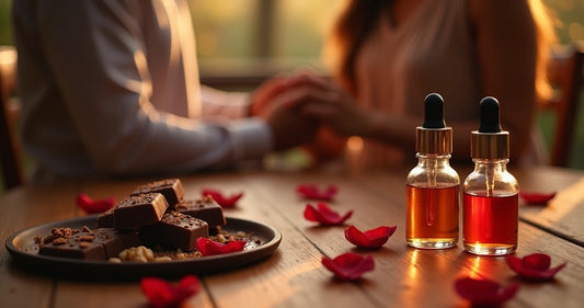 Mesa com barras de chocolate natural e frascos de gel comestível lado a lado, em ambiente romântico com luz suave e elementos de casal ao fundo 