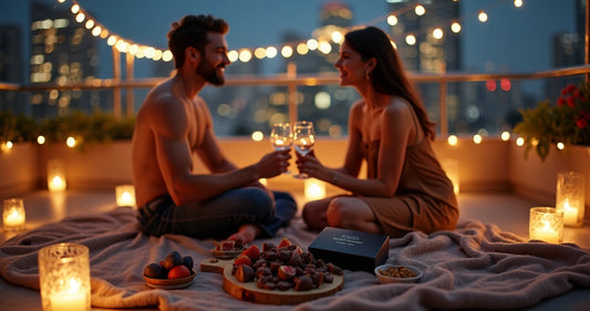 Casal em piquenique noturno romântico com luzes, vinho e chocolates artesanais 