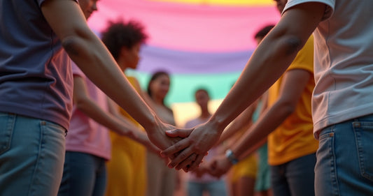 Pessoas diversas unidas em círculo com cores da bandeira bissexual ao fundo 