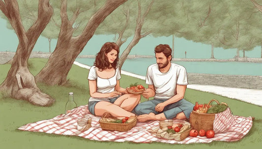 Casal em piquenique no parque, sorrindo e segurando as mãos, com cesta de piquenique e comida sobre toalha xadrez vermelha e branca.