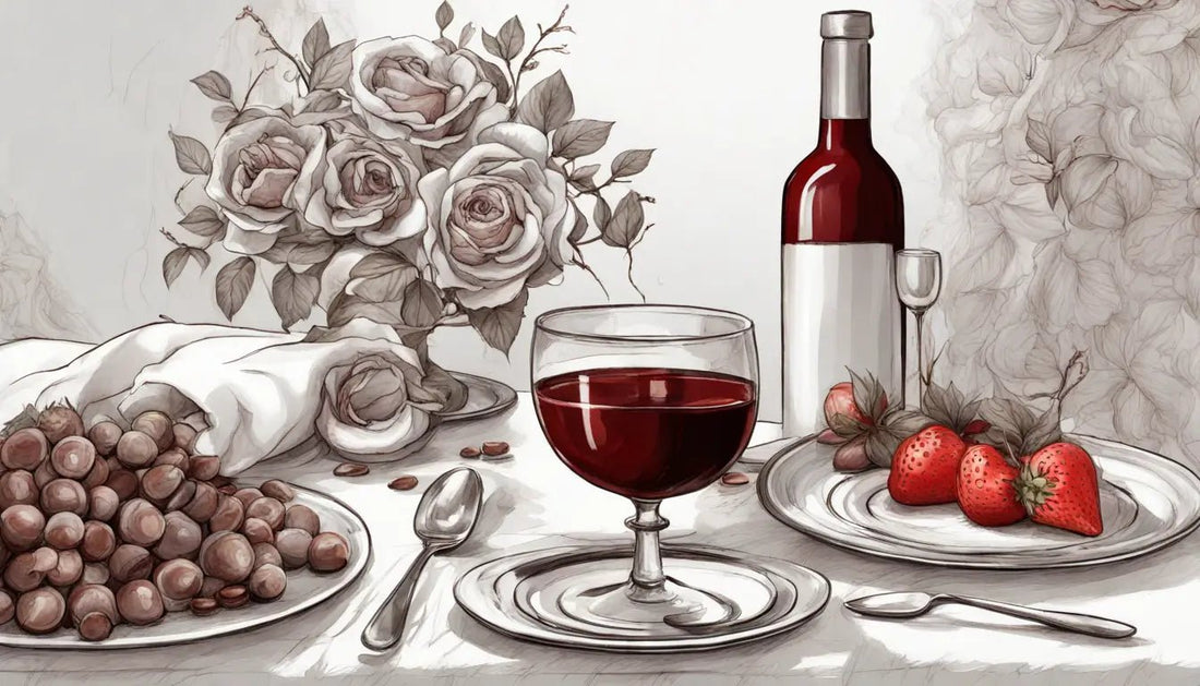 Mesa de jantar romântica com ostras frescas, morangos cobertos de chocolate, vinho tinto e velas, representando afrodisíacos naturais para casais.