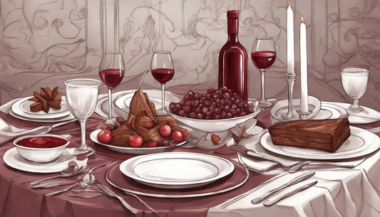 Mesa de jantar elegante com pratos afrodisíacos como ostras, morangos com chocolate, vinho tinto e velas acesas; ambiente romântico e sofisticado.