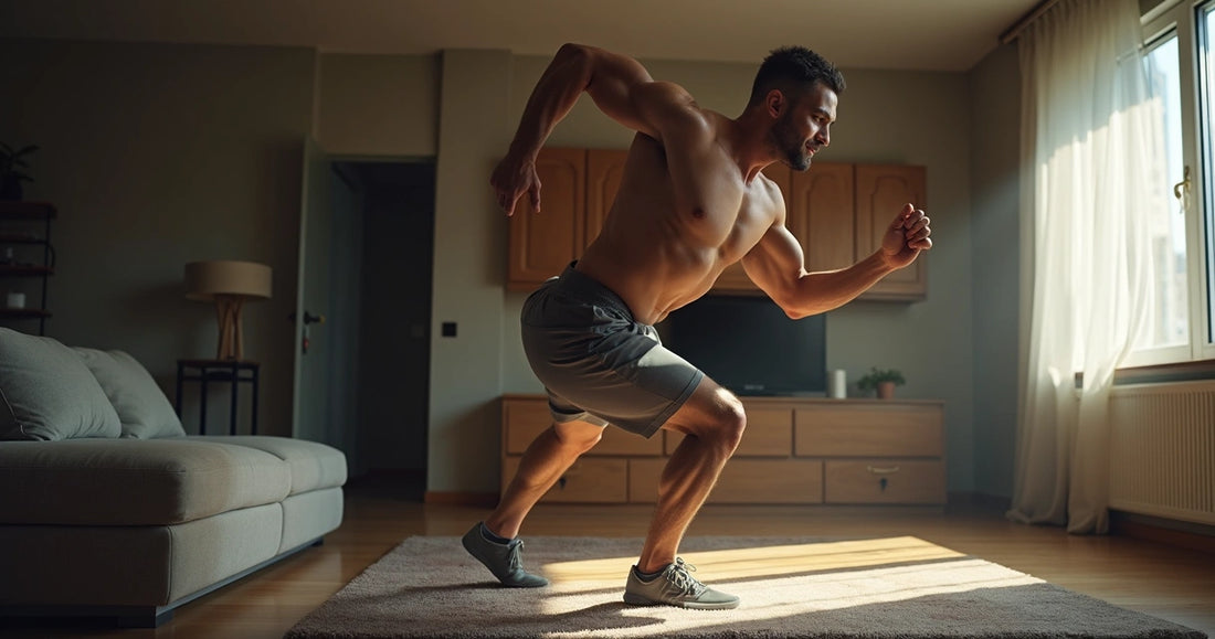 Homem fazendo exercício físico em casa, com roupa esportiva e expressão concentrada 