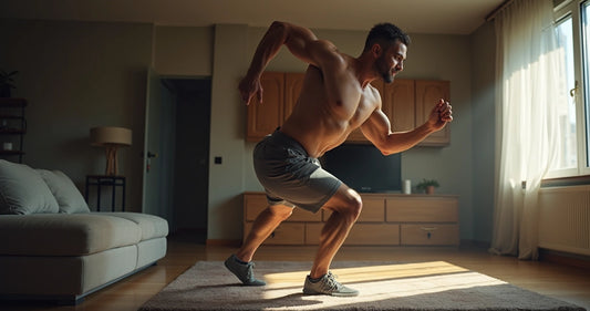 Homem fazendo exercício físico em casa, com roupa esportiva e expressão concentrada 