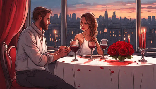 Casal jantando em uma mesa pequena com taças de vinho, velas e uma rosa, com vista da cidade ao fundo.