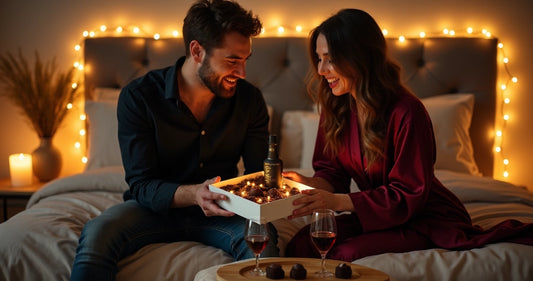 Casal jovem sorrindo trocando presente romântico com caixa de chocolates em ambiente íntimo e acolhedor 