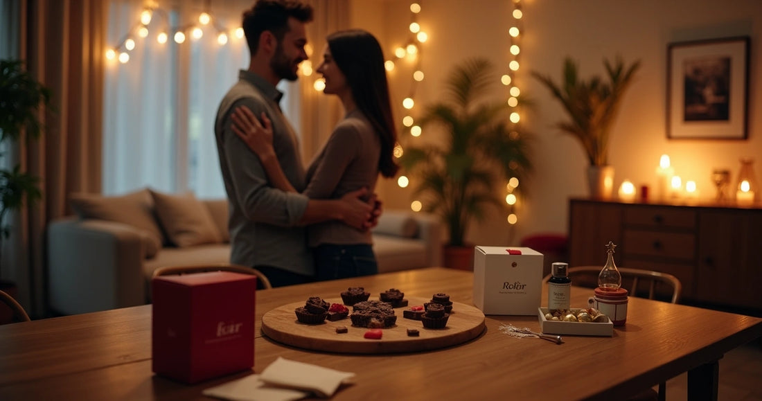 Casal em mesa decorada com chocolates preparando surpresa romântica noturna 