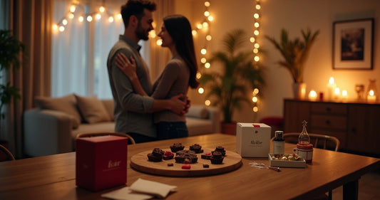Casal em mesa decorada com chocolates preparando surpresa romântica noturna 