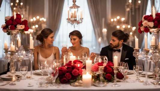 Casal jantando em um restaurante elegante, com velas, buquê de rosas vermelhas, pratos de porcelana, taças de vinho e roupas formais.