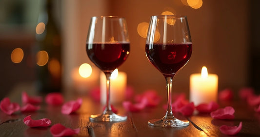 Duas taças de vinho tinto sobre mesa de madeira com luz suave e ambiente romântico 