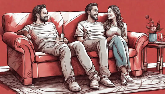 Casal sorrindo em um sofá vermelho, segurando um tabuleiro de jogo, lareira acesa e almofadas coloridas ao fundo, sugerindo novas experiências no relacionamento.