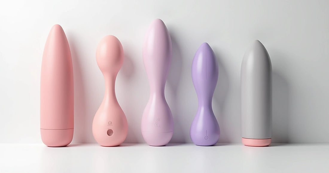 Conjunto de vibradores diferentes em cores suaves sobre fundo branco 