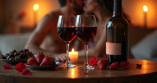 Casal brindando com taças de vinho tinto em clima romântico com morangos e chocolate na mesa 