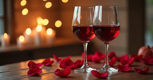 Duas taças de vinho tinto em mesa com velas e pétalas de rosa ao redor 